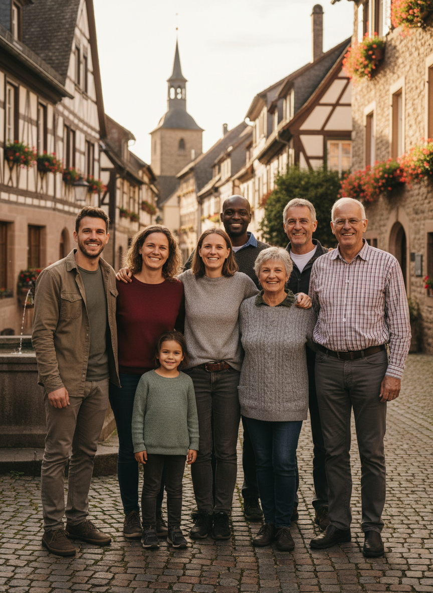 Lächelnde Menschen aus der Gemeinschaft stehen zusammen im Freien in einem Dorf