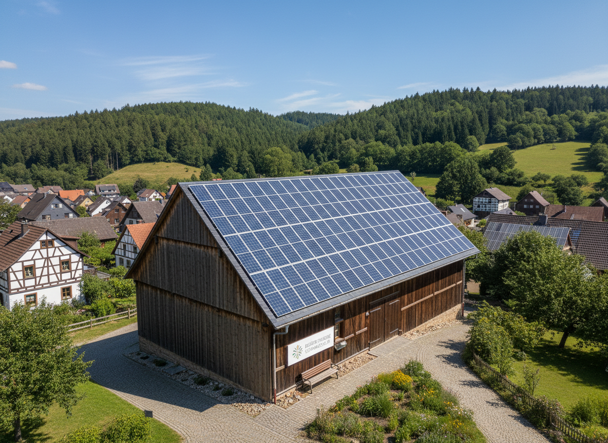 Moderne Photovoltaik-Anlage auf einem Dach in einem Dorf im Schwarzwald