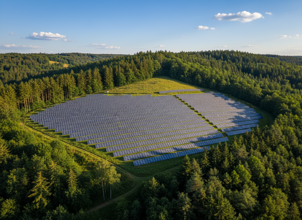 Aerial view of a large solar panel array installed on a green hillside in the Black Forest region of Germany (Nordschwarzwald). Bright blue sky with a few white clouds, lush green trees surrounding the panels, warm sunlight reflecting off the photovoltaic panels. Vibrant, high contrast, no grey overlay, photorealistic.
